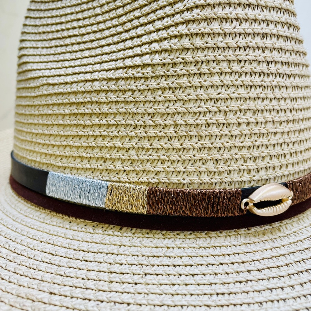 Classic Cream Tan Cowboy Hat Brown Band Metallic Accents Cowrie Shell - Picture 5 of 11